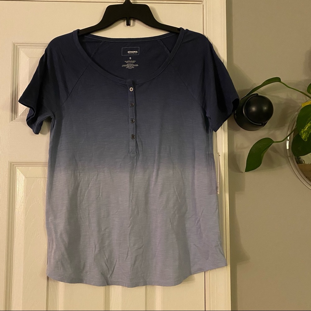 NWT Sonoma Blue Ombré Short Sleeve Button Detail Shirt Small Womens